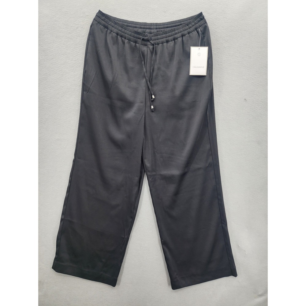Calligraphie Black Satin Wide Leg Drawstring Pants Trousers‎ Size Medium NWT New